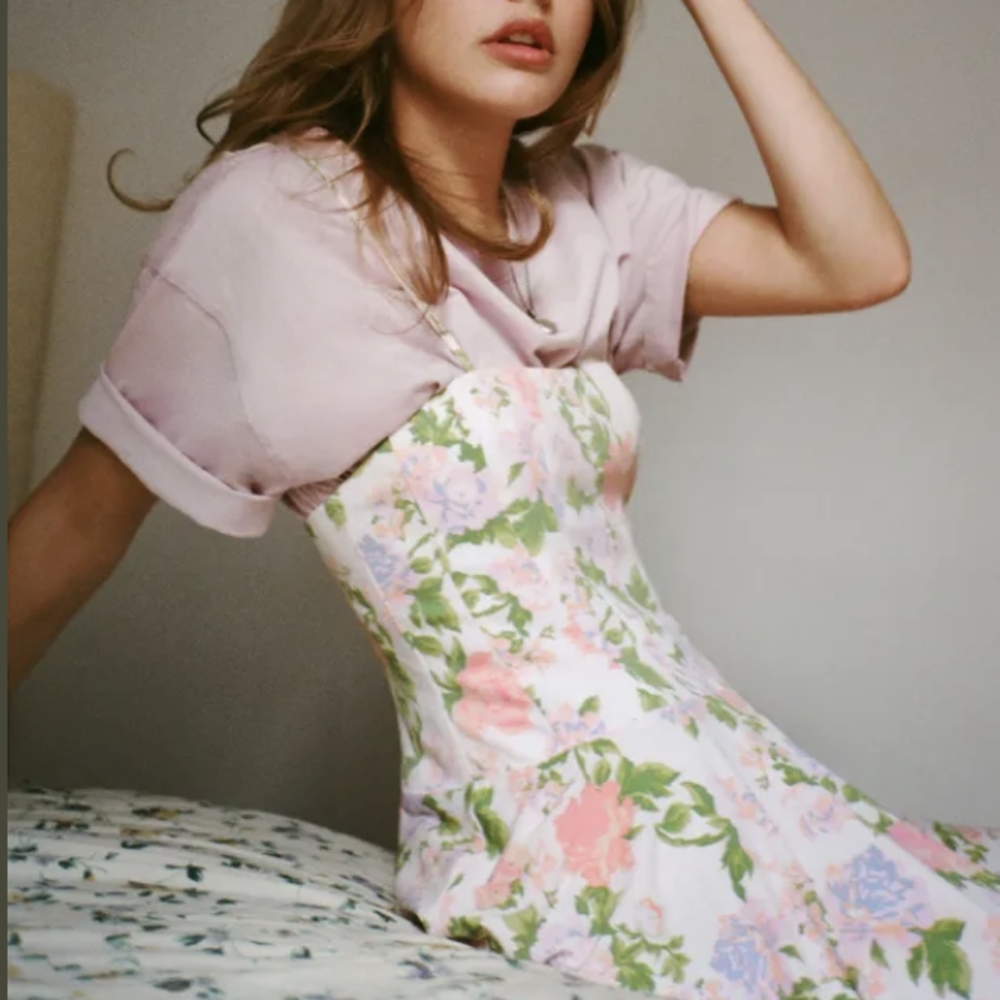 Zara Corset Style Spaghetti Strap Cream Floral Mini Dress Size Medium